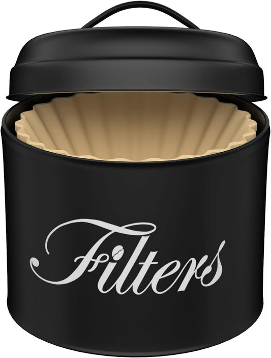 Black Basket Coffee Filter Holder With Lid - Round Container for Counter Storage - Rustic Farmhouse Bar Accessories Decor