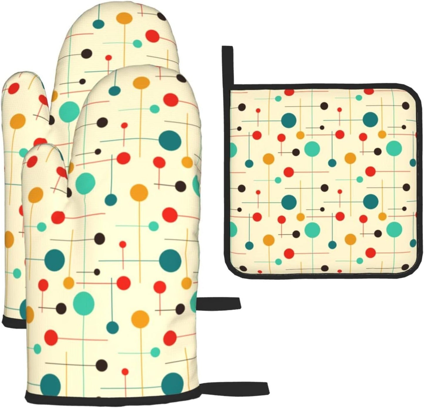 Mid Century Modern Atomic Retro Oven Mitts and Pot Holders Sets of 3 Heat Resistant Yellow Hot Pads Oven Gloves for Kitchen Cooking BBQ Baking