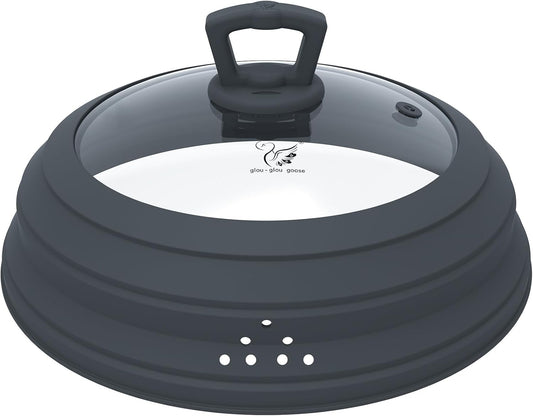 Microwave Splatter Cover Vented Glass Splatter Guard Lid with Collapsible Silicone for Food as Pot Cover Plate 10.8 inch for 6 7 8 9 10 inch Plate Bowl
