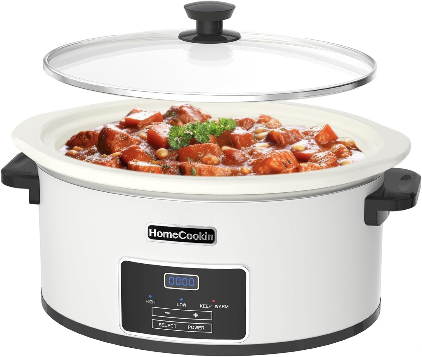 HOMECOOKIN 8-Quart Programmable Slow Cooker with Timer Keep Warm - Small Kitchen Appliance for Family Dinners - Serves 6+ People (White)