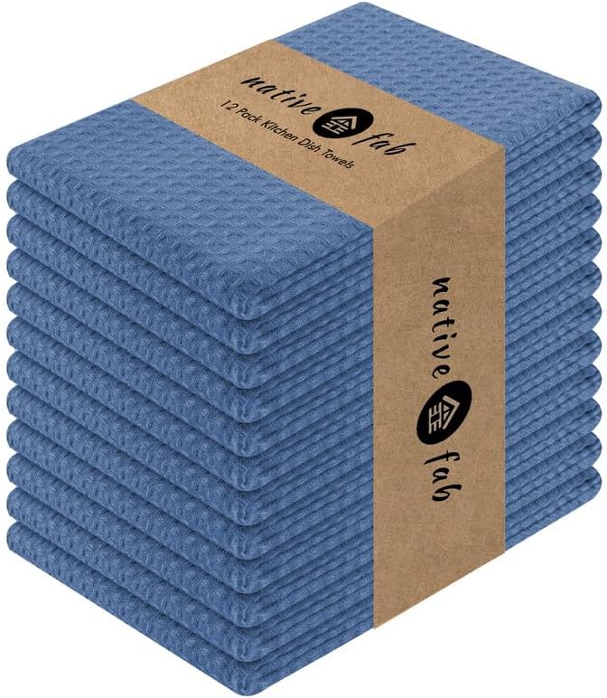 Native Fab 100% Cotton Kitchen Towels - 12 Pack, 16"x26", Absorbent, Quick-Dry, Durable, Washable Tea Towel with Hanging Loop - Cleaning Dish Towels for Home, Restaurant, Bar, Everyday Use, Light Blue