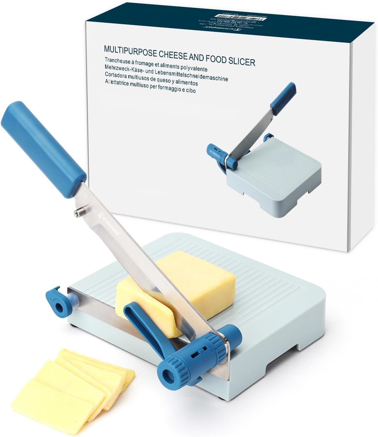 KITCHENDAO Multipurpose Cheese Slicer Cutter with Board for Arthritic and Weak Hands, Adjustable Thickness Dial for Block Cheese, Effortless Slicing, Guillotine Sausage Ham Biltong Jerky Slicer