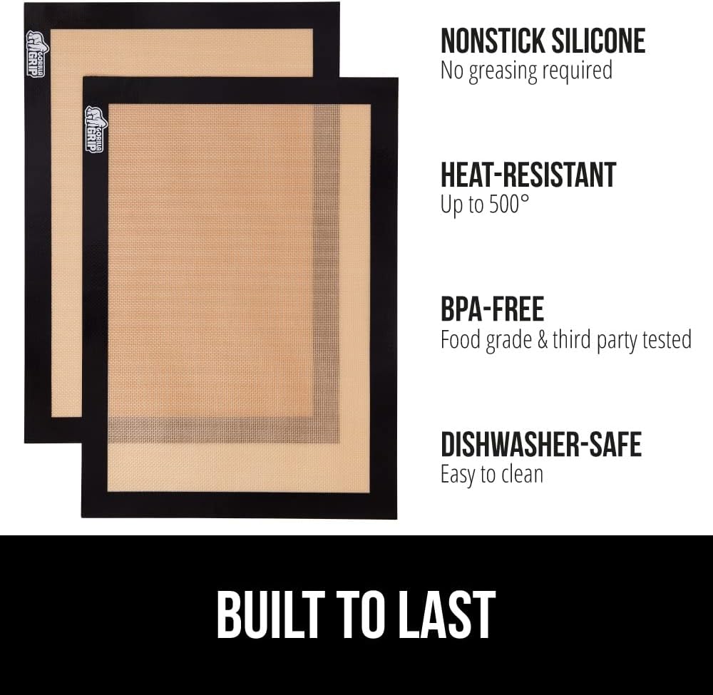 GORILLA GRIP Reusable Nonstick Silicone Baking Mat, 2 Pack, 16.5x11.87, BPA-Free Oven Safe Food Liner, For Cookie Sheets, No Mess Easy Clean Pastry Mats, Kitchen Essential, Half Sheet Size, Black