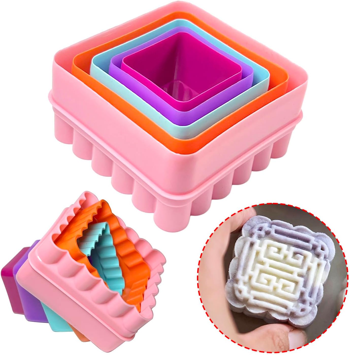 Cookie Biscuit Cutter Set, Two Side Cookie Cutters Plastic Set Multi-size Cake Fruit Vegetable Shapes Cutter Random color (Square Shaped, 5 Pack)