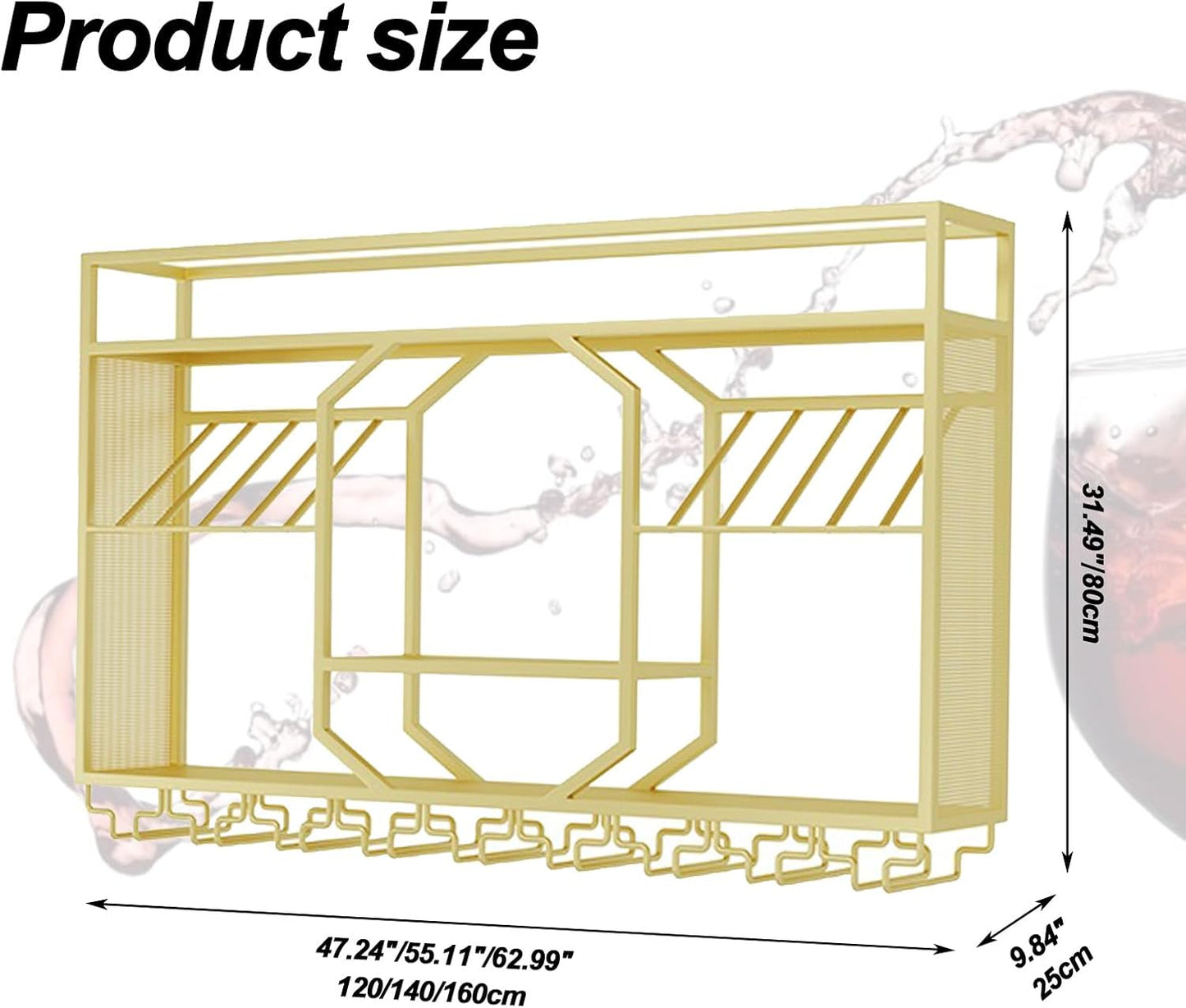 Wall Mounted Wine Rack, 3-Tiers Metal Bar Bottle Holder, Modern Wine Glass Storage Display Shelves, Wall Wine Rack for Kitchen Bar Dining Rooms Decoration ﻿ (Gold, 47.24in/120cm)