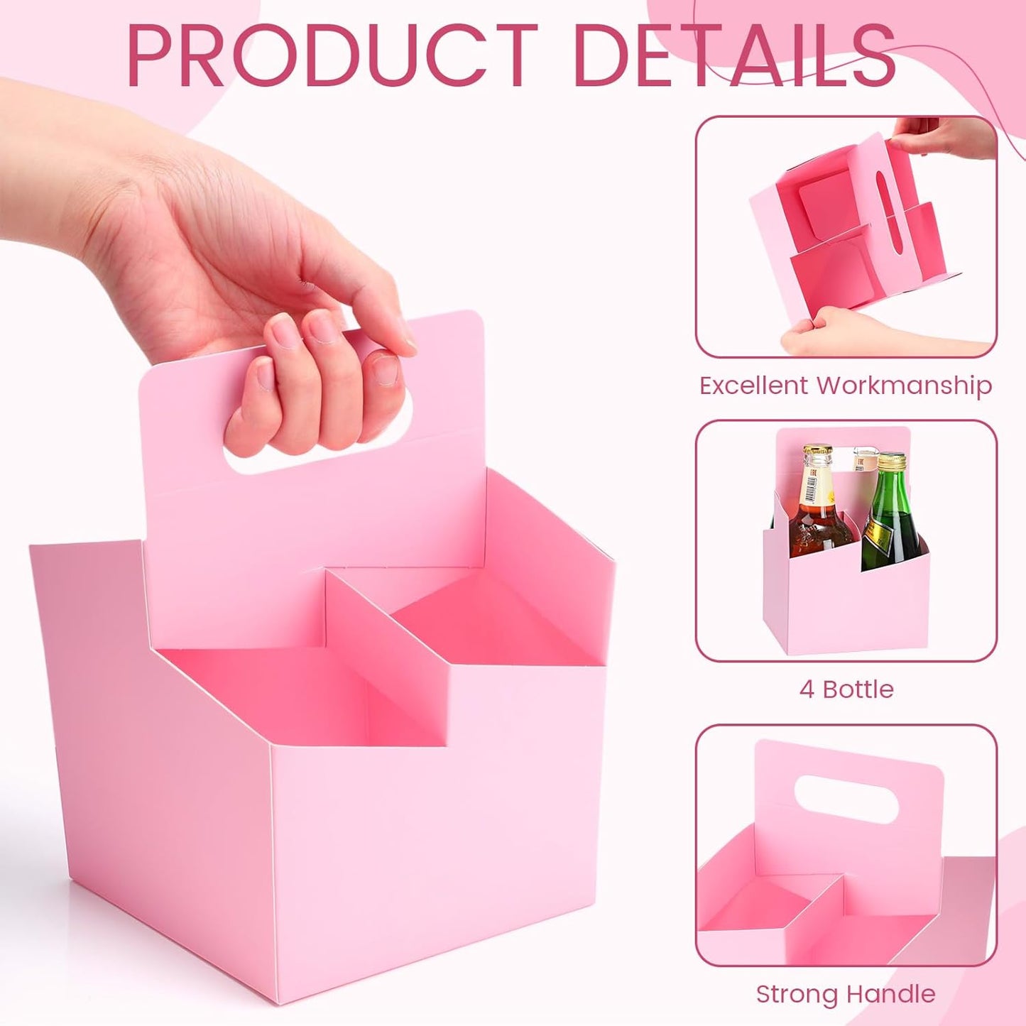 Jetec 4 Cup Drink Carrier with Handle, Kraft Paperboard Beer Carrier, Disposable Drink Holder for Hot or Cold Drinks, 12-16 oz Bottle Holder for Soda and Other Bottled Products(50 Pcs,Pink)