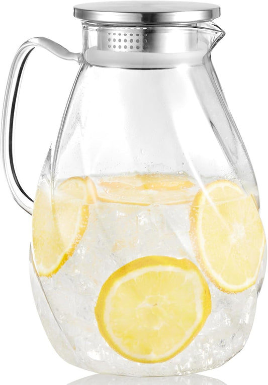 DRASTAR Glass Pitcher with Lid, 2.2L Water Pitcher, 74oz Tea Pitcher for Drinks, Borosilicate Glass Water Jug Cold Or Hot Beverages, Lemonade Pitcher, Glass Water Carafe With Lid