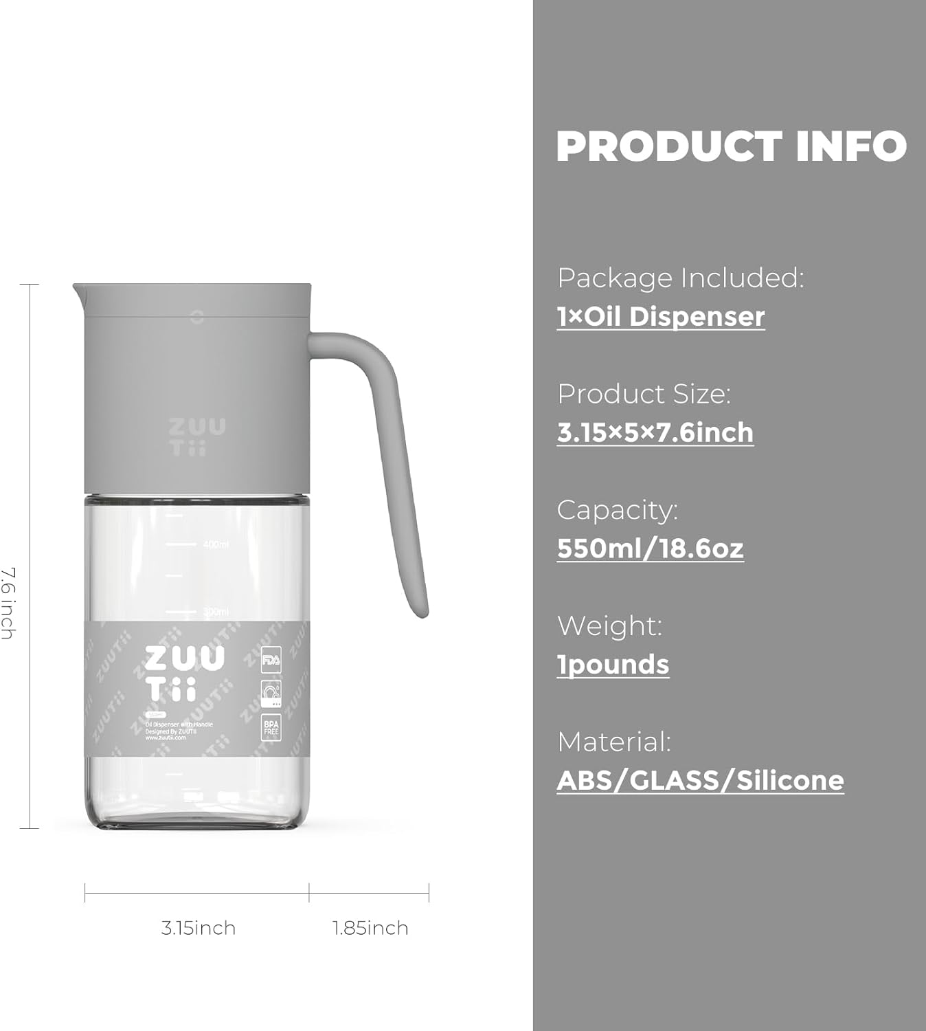 Zuutii Olive Oil Dispenser Bottle 18.6oz – Auto Flip Glass Vinegar Bottle with No-Drip Spout for Kitchen Cooking, Oil and Sauce Dispenser,Gray