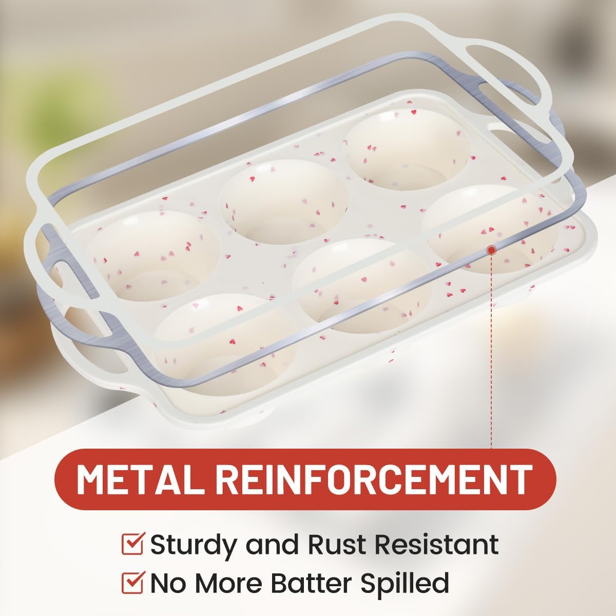 CAKETIME Large Muffin Pan, Metal Reinforced Frame 3.5 Inch Jumbo Silicone Muffin Pan Nonstick 6 Cups for Baking Jumbo Muffin, Frittatas, Cupcakes 2 Pack Love Heart