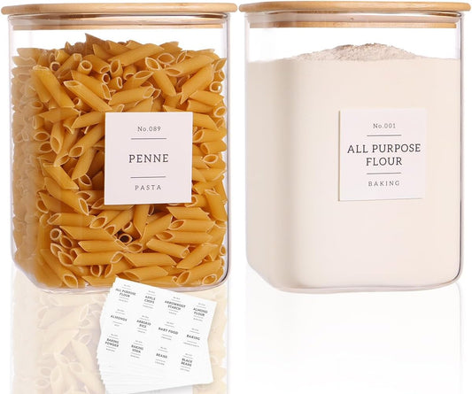 2 Pack Square Glass Flour and Sugar Containers with 132 Kitchen Pantry Labels - Thicken 120 FL OZ Large Glass Storage Jars with Airtight Bamboo Lid - Big Food Canisters for Cookies, Rice, Coffee