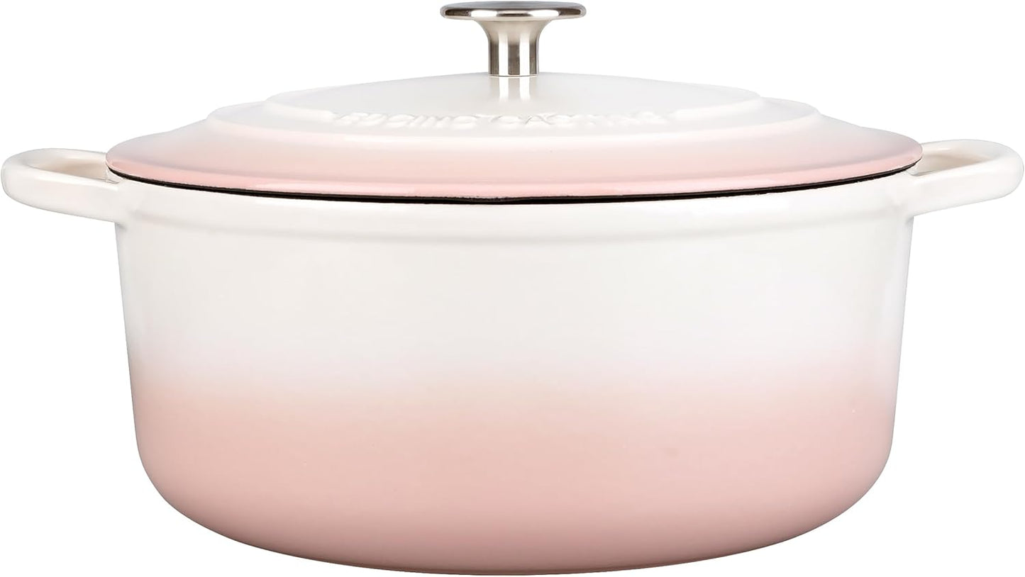 Enameled Cast Iron Dutch Oven Pot With Lid, 7 Quart, for Bread Baking, Cooking, White-Pink