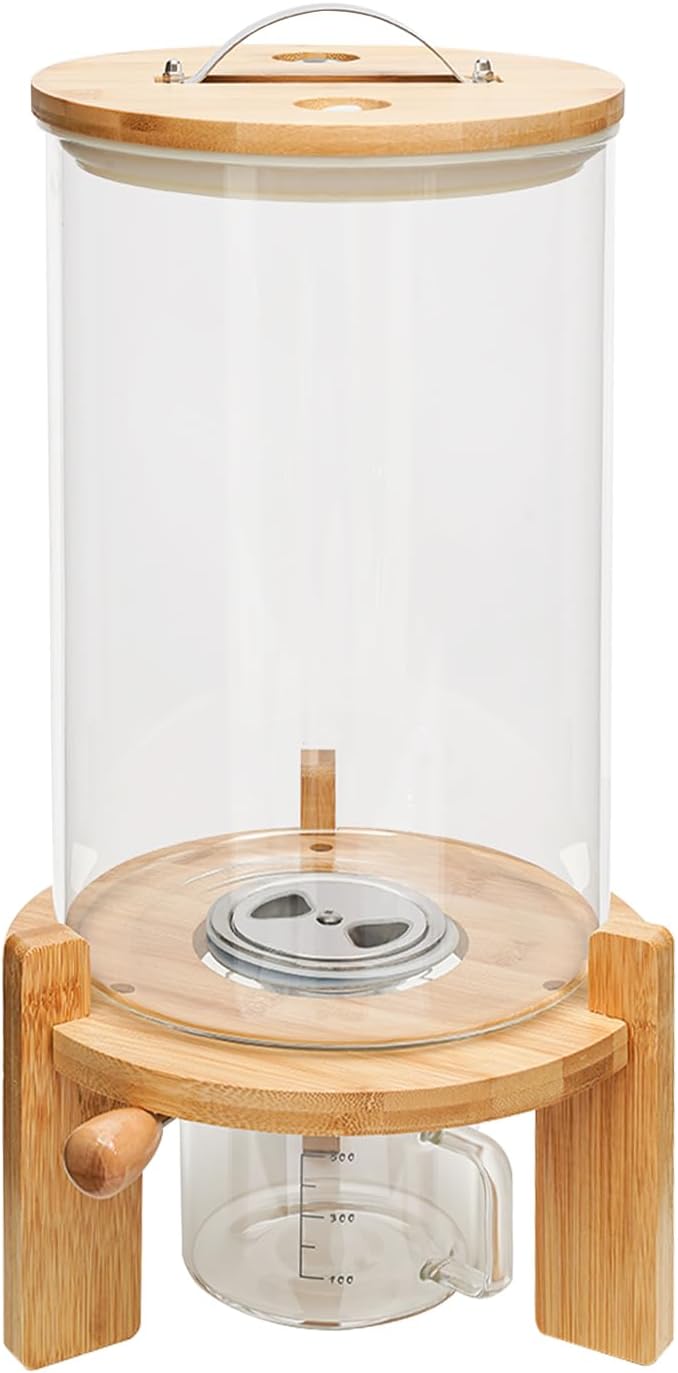 CNCEST Flour and Cereal Container, Glass Rice Dispenser, Countertop Cereal Dispenser with Measuring Cup, Airtight Lid & Wooden Stand for Storing Rice, Flour, Nuts, Coffee Beans (7.5L/1.98Gal)