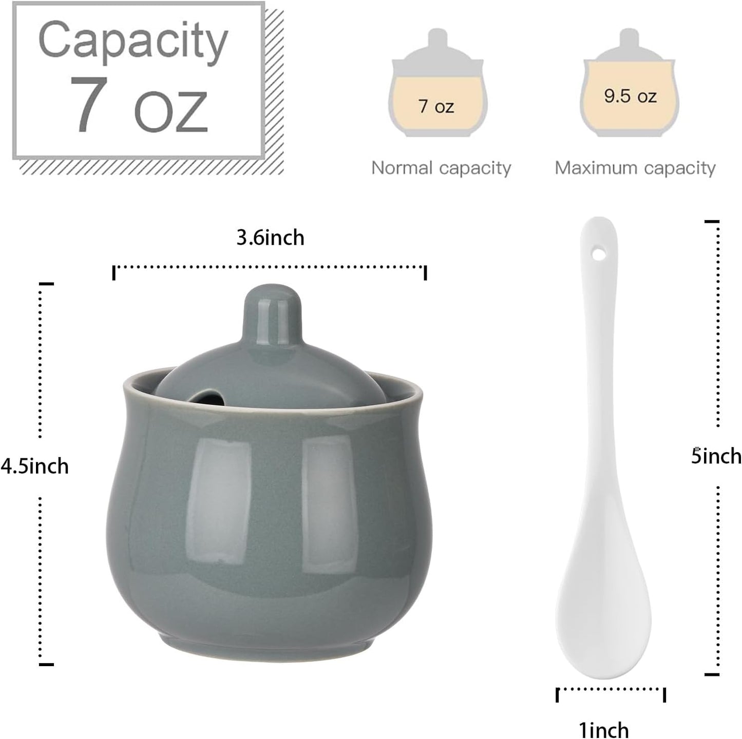 Ceramic Sugar Bowl with Lid and Spoon, Grey Porcelain Sugar Salt Pepper Storage Jar, 8 Ounces