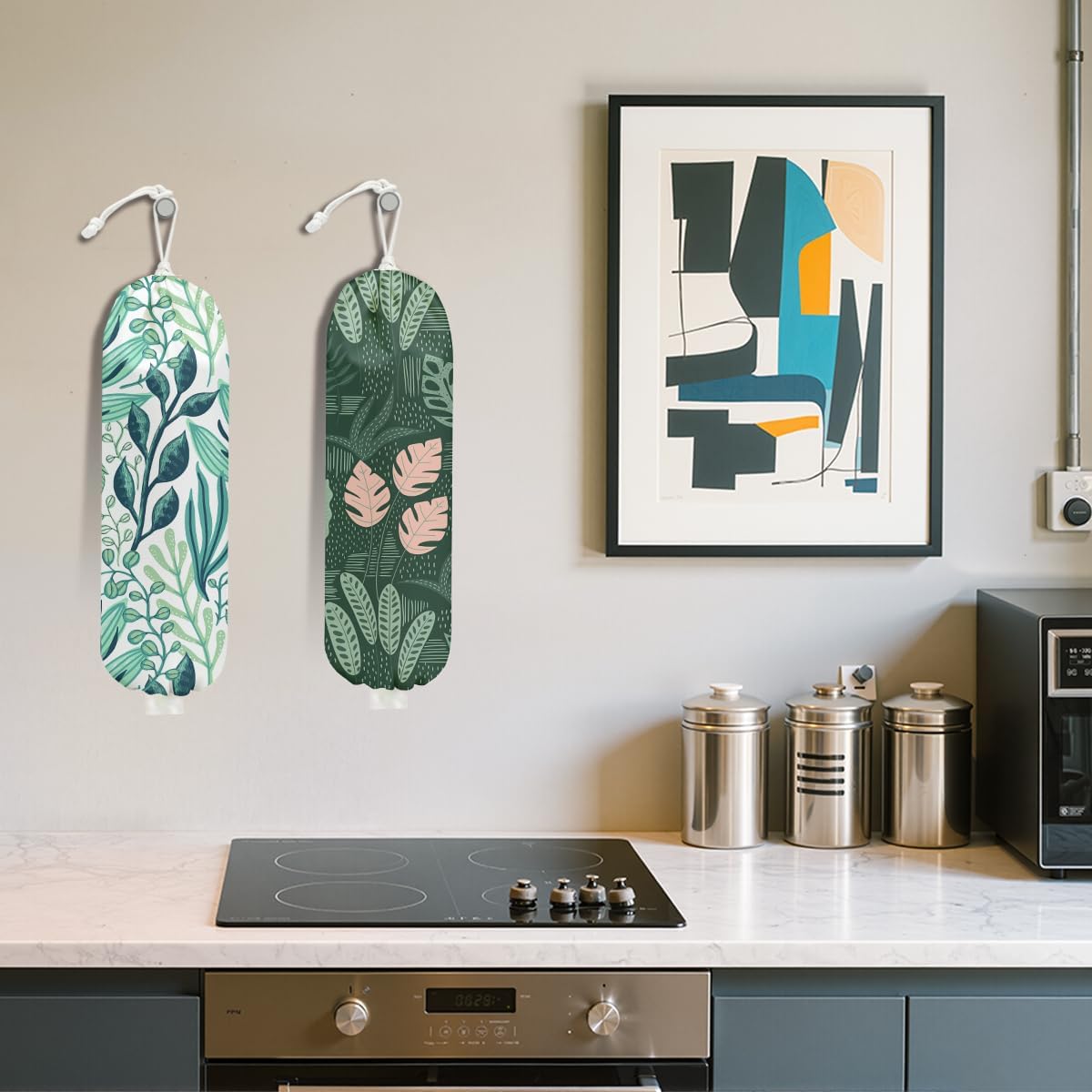 2Pcs Tropical Green Leaves Plastic Bag Holder 22.5x9 Inch, Wall Mount Grocery Bag Holder for Plastic Bags, Nature Greenery Reusable Grocery Bags Storage Dispenser for Home Kitchen Decor