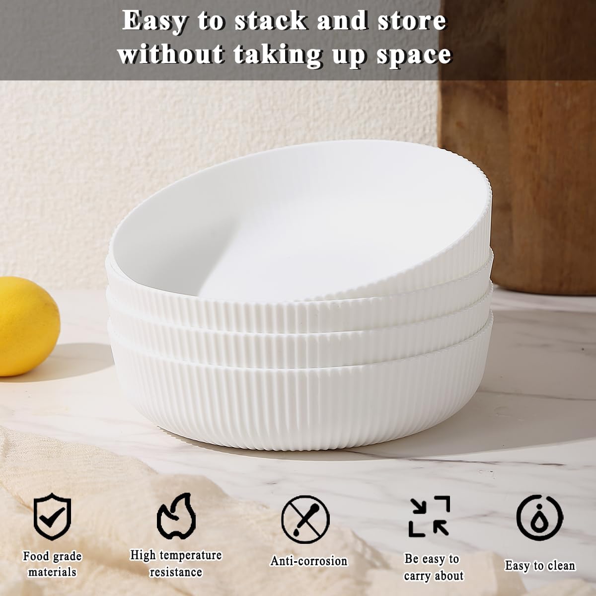 Kyraton Pasta Bowls Set of 4, 37oz Salad Bowls White Soup Bowls Large Pasta Serving Bowl Plastic Unbreakable Serving Dishes Dinner Bowls (White)