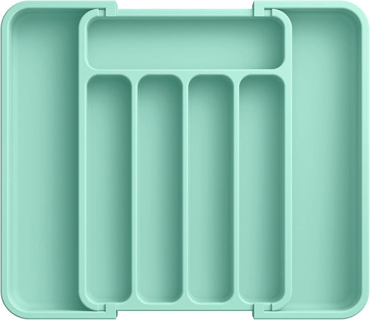 Aujen Silverware Organizer - Expandable Kitchen Drawer Organizer, Adjustable Utensil Organizer, Cutlery Tray for Forks, Knives, Multipurpose Kitchen Organizers and Storage Solution, Green, Medium