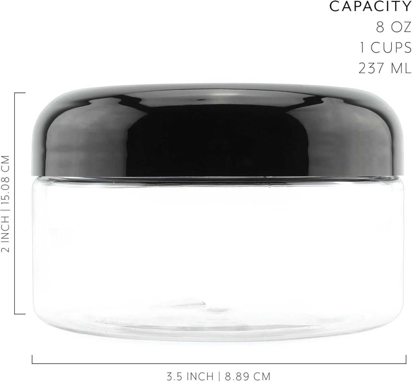 Cornucopia Brands 8oz Clear Plastic Jars w/Black Plastic Lids (6-Pack); BPA Free PET Stackable Containers for Bathroom & Kitchen Storage & Cosmetics