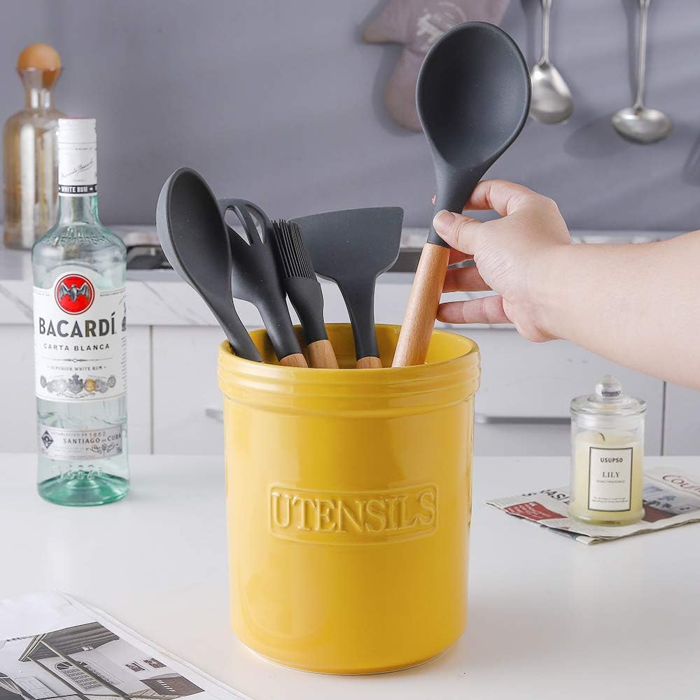 KOOV Cooking Utensil Holder, Large Ceramic Utensil Crock, Deep and Stable, Utensil Caddy for Countertop Letter Series (Yellow)