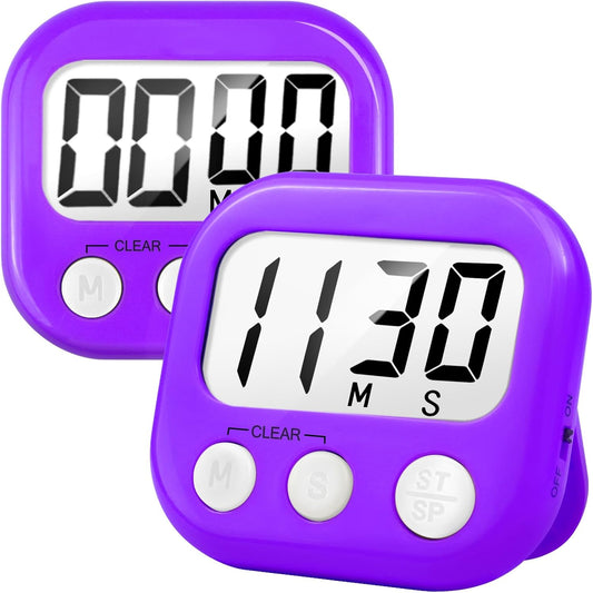 2 Pack Digital Kitchen Timer for Cooking Big Digits Loud Alarm Magnetic Backing Stand Cooking Timers for Baking Purple