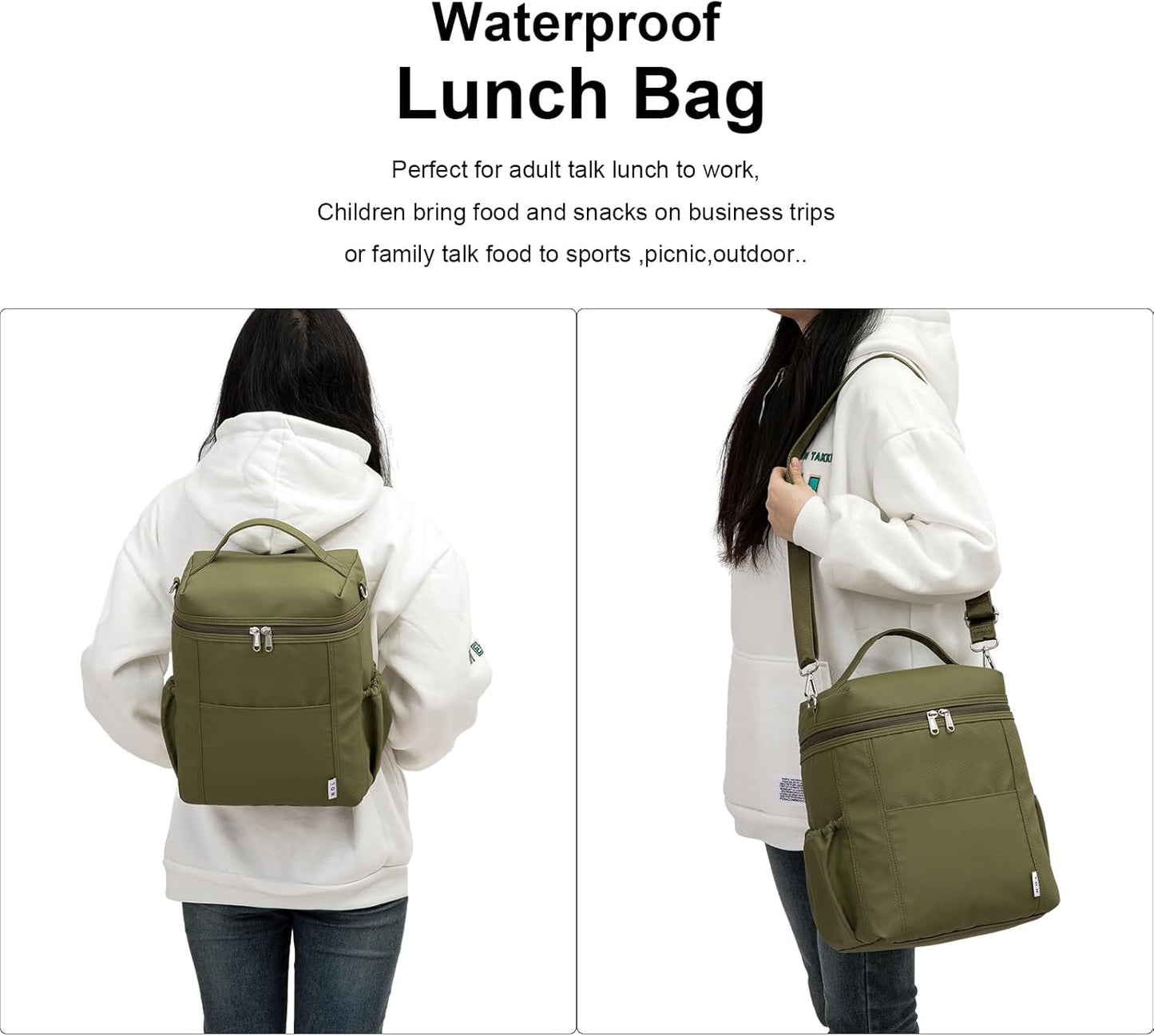 NOL Natural Organic Lifestyle Insulated Lunch Bags for Women Cooler Bag Lightweight Nylon Waterproof Lunch Box For Work (Amy green, Large)