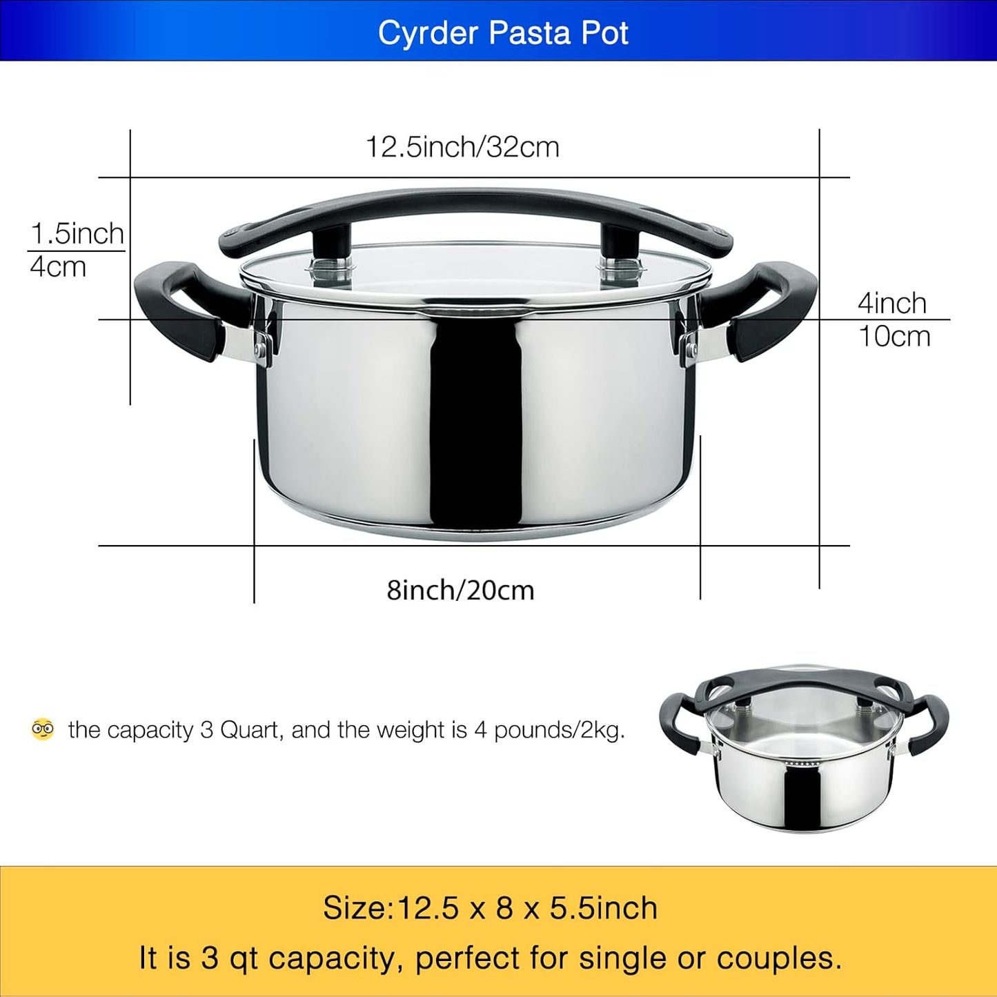 Stainless Steel Pasta Pot- Induction Pasta Pot with Strainer, Easy Stain &Perfect for Single and Couple, Dishwasher Safe, 3 Quart