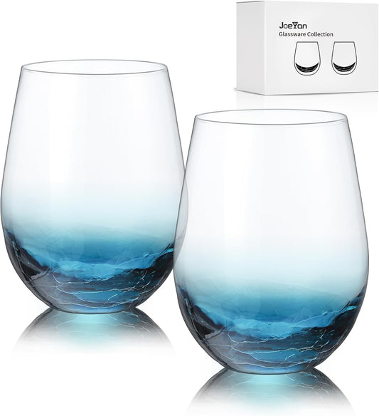 Joeyan Handmade Blue Stemless Crackle Wine Glasses Cups,Large Crystal Red Wine Tumblers,Aesthetics Glassware Collection, Home Gift,Set of 2,19 oz