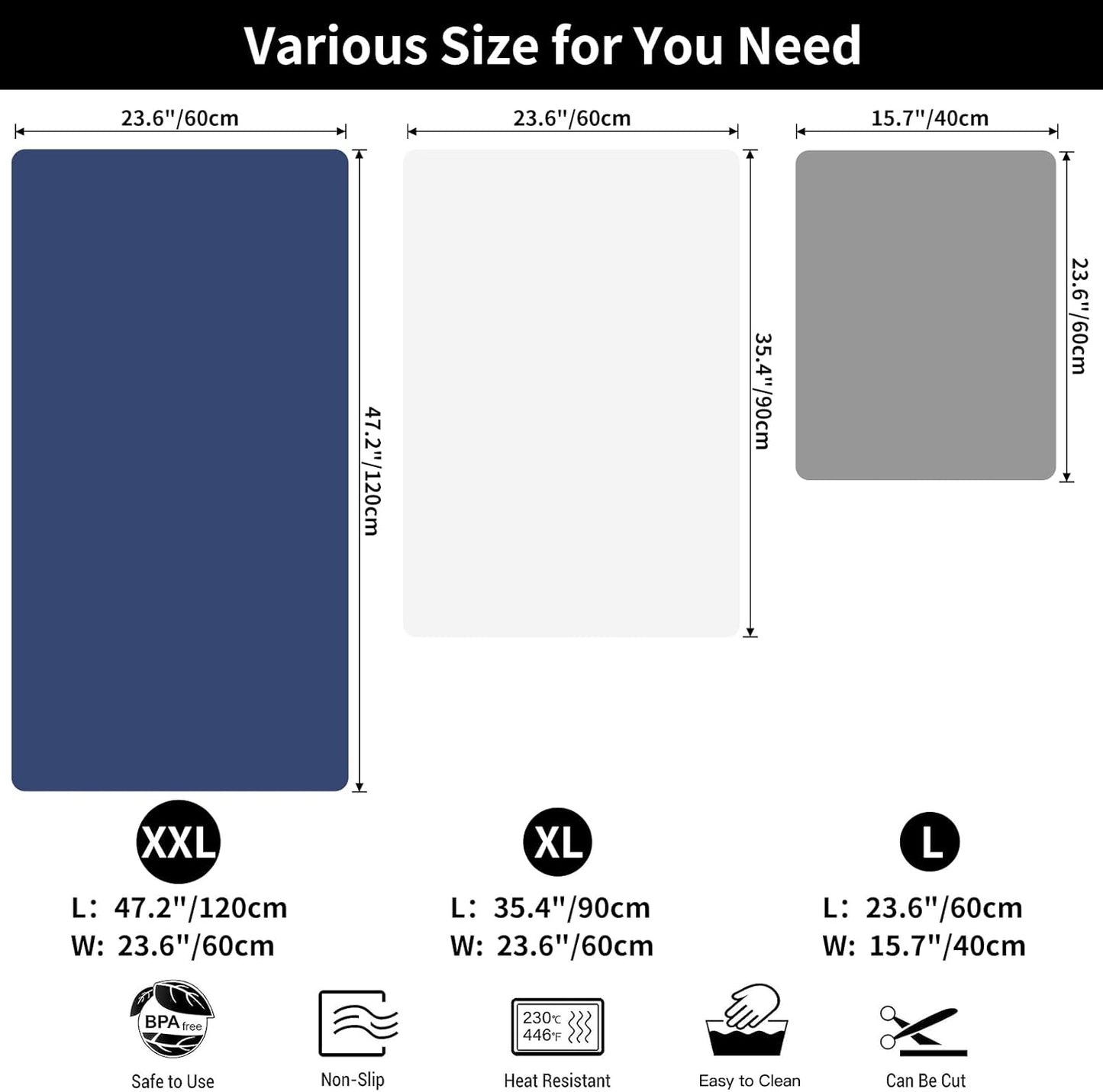 2MM Extra Thick Silicone Mats for Kitchen Counter 23.6" x 15.7" x0.08"(60cmx40cm), Kitchen Island Heat-Resistant Coffee Mat, Non-slip Desk Protect Mat, Multipurpose Countertop Protector (Light Grey)