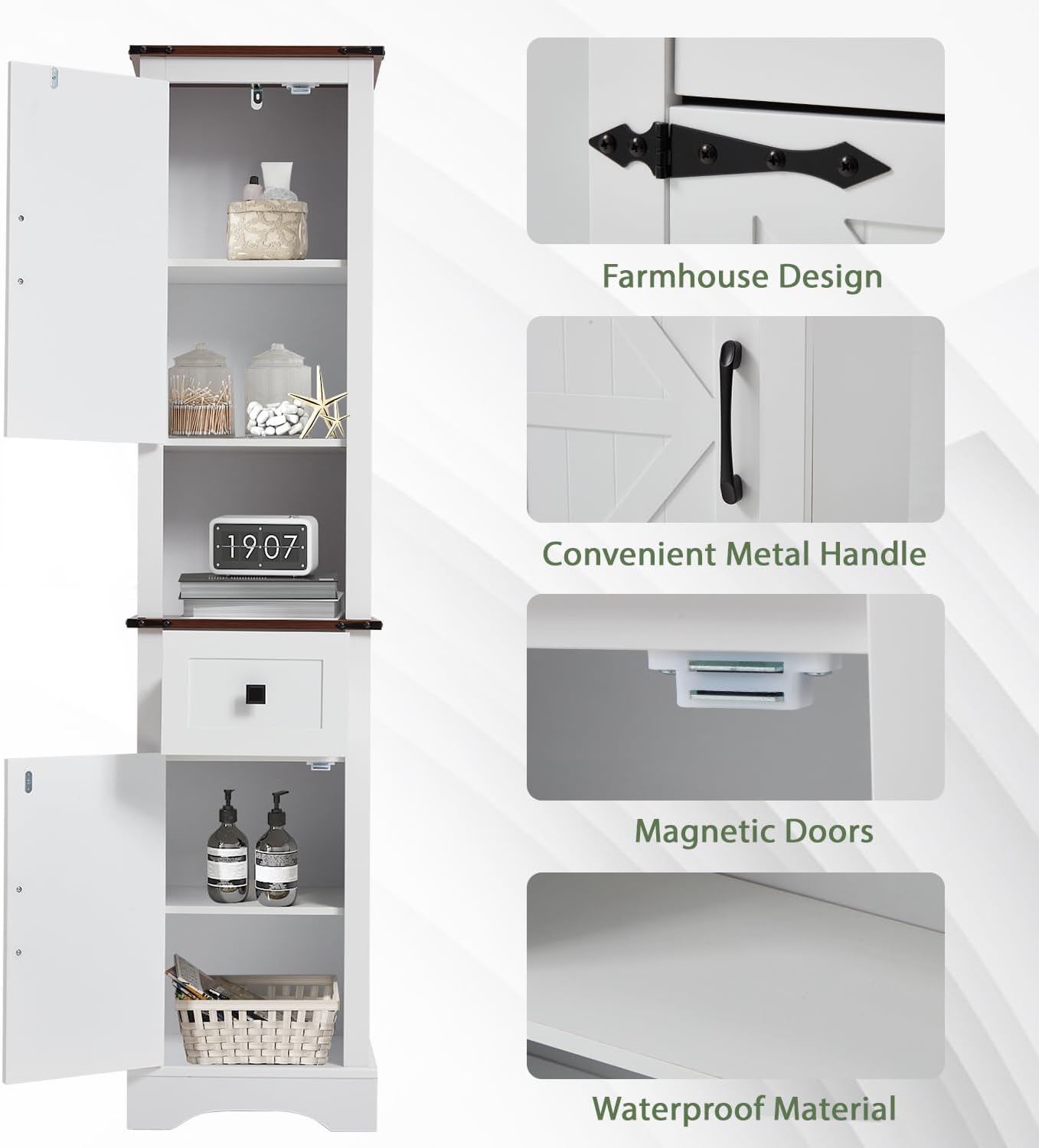 JOMEED Tall Bathroom Storage Cabinet, 68" Farmhouse Linen Tower with Adjustable Shelves & Drawer, Rustic Narrow Storage Cabinet for Bathroom