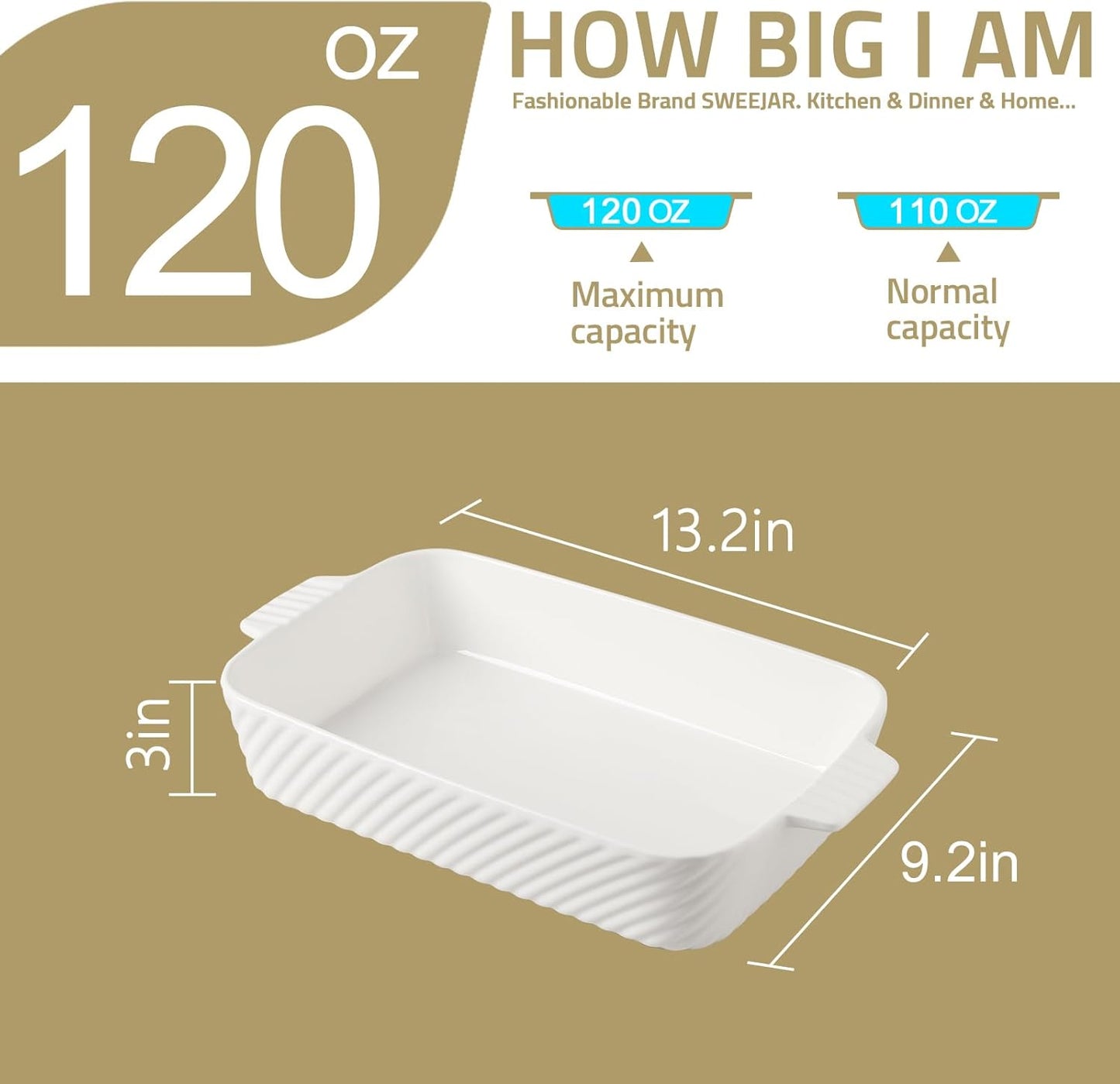 Sweejar Ceramic 13 x 9 Baking Pan, Cake Baking Dish for Brownie, Porcelain Striped Casserole Dishes for Oven with Handle for Lasagna, Family Dinner(White)