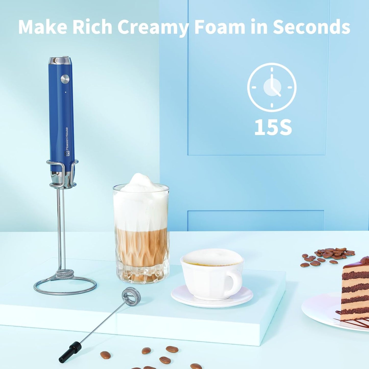 Maestri House Rechargeable Milk Frother with Stand, LunaFro Handheld Electric Foam Maker Waterproof Detachable Stainless Steel Whisk Drink Mixer Foamer for Lattes, Cappuccino