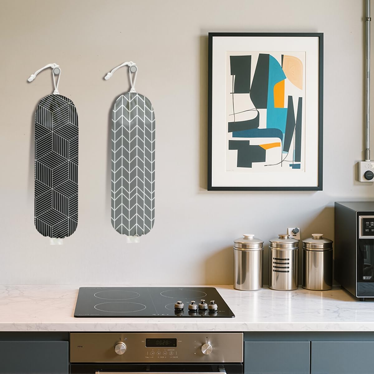 2Pcs Gray Geometric Lines Plastic Bag Holder, Wall Mount Grocery Bag Holder for Plastic Bags, Black Cube Abstract Art Reusable Organizer Grocery Bags with Drawstring for Kitchen Home Pantry