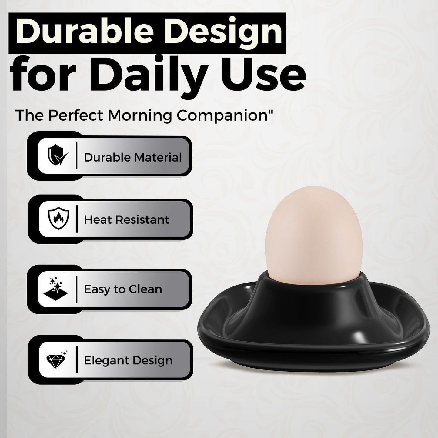 Flexzion Soft Boiled Egg Holder Set - 4-Piece Black Ceramic Egg Cup, Stackable Egg Coddler Cups with Base for Serving, Breakfast, Brunch - Kitchen Table Decor, Black