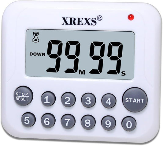 XREXS Digital Kitchen Timer Magnetic Countdown Up Cooking Timer Clock with Magnet Back and Clip, Loud Alarm, Large Display Minutes and Seconds Directly Input-White (2 Battery Included) (DC-12)