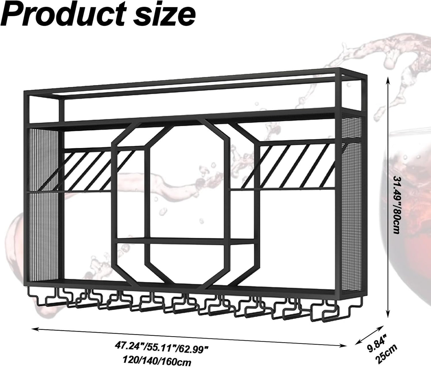 Wall Mounted Wine Rack, 3-Tiers Metal Bar Bottle Holder, Modern Wine Glass Storage Display Shelves, Wall Wine Rack for Kitchen Bar Dining Rooms Decoration ﻿ (Black, 63in/160cm)