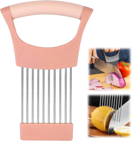 Onion Slice Holder, Stainless Steel for Slicing & Cutting Onions, Meat, Potatoes, Tomatoes - Assistant Tool, Kitchen Gadgets (Pink, 1 Pack)