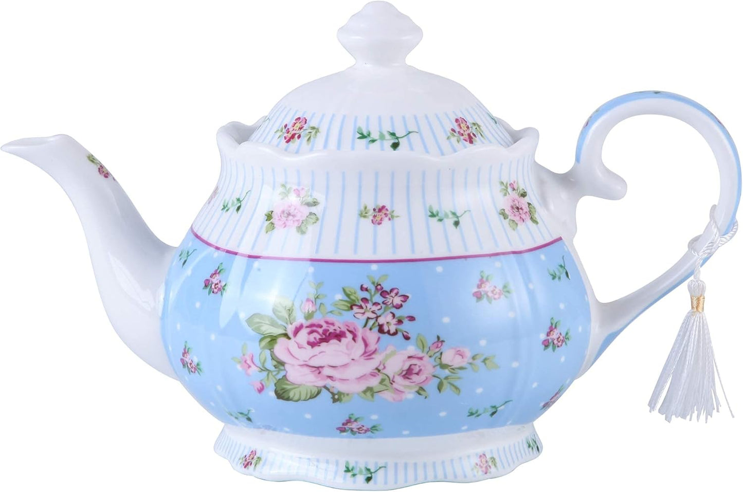 London Boutique Porcelain Teapot Sugar Bowl and Cream Milk Jug Shabby Chic Vintage Floral in Gift box 40oz (Teapot Rose Blue)