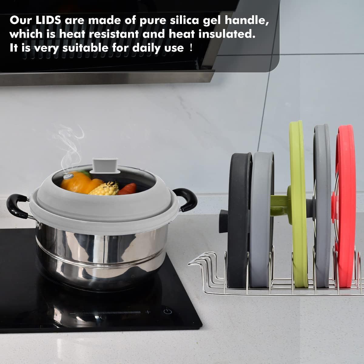 Microwave Splatter Cover Glass Cover Guard Lid with Collapsible Silicone for Food Pot Plate Cover 9.8 inch Light Grey