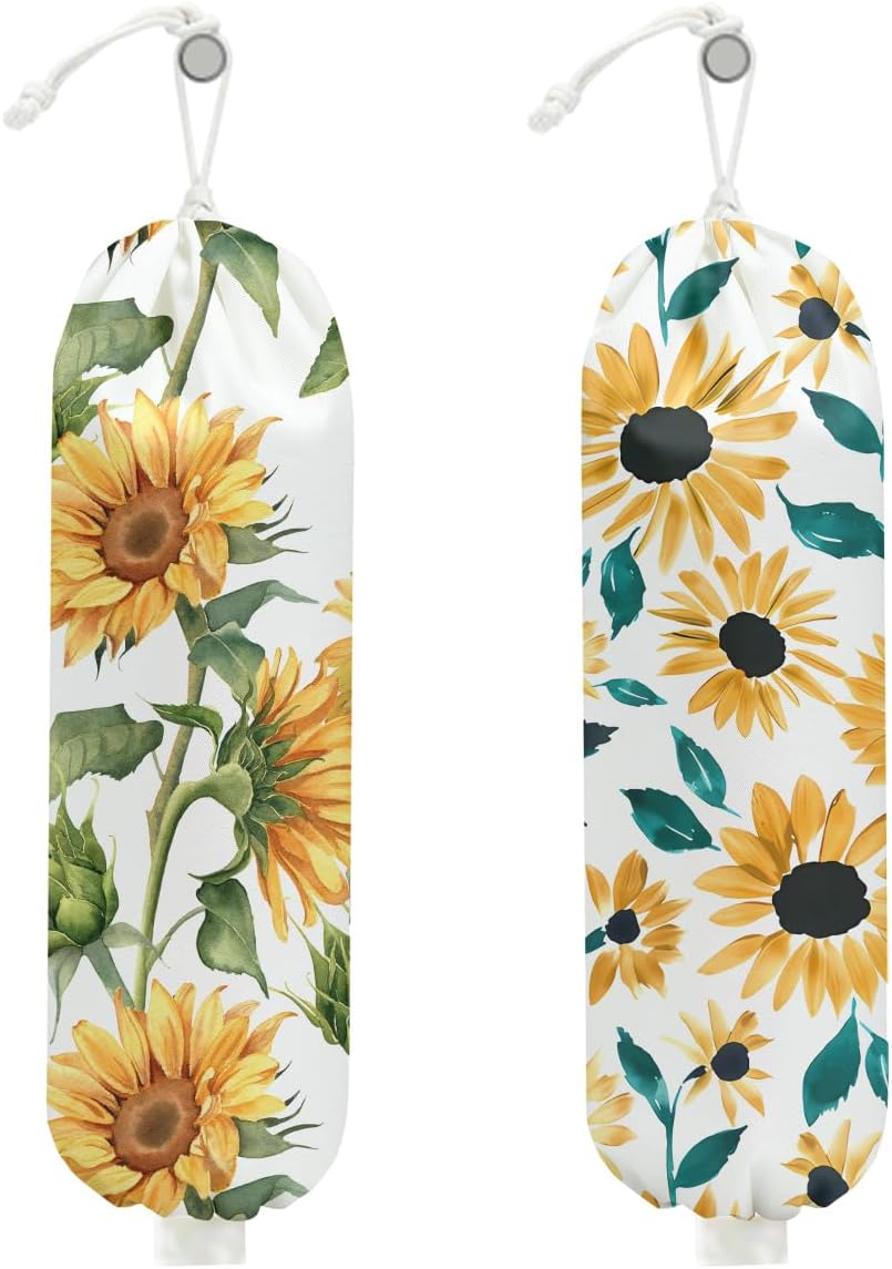 2Pcs Watercolor Sunflower Plastic Bag Holder, Wall Mount Grocery Bag Holder for Plastic Bags, Vintage Rustic Sunflower Large Reusable Grocery Bags Storage Dispenser for Home Kitchen Pantry
