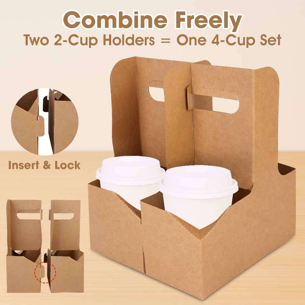 15Pcs -2 Cup Drink Carrier with Handle - Paper Cup Holder, Coffee Carriers Tray for Drinks, Disposable Takeaway Cardboard Holders To Go for Food Delivery, Uber Eats/Door Dash Two or 4 Kraft Paperboard