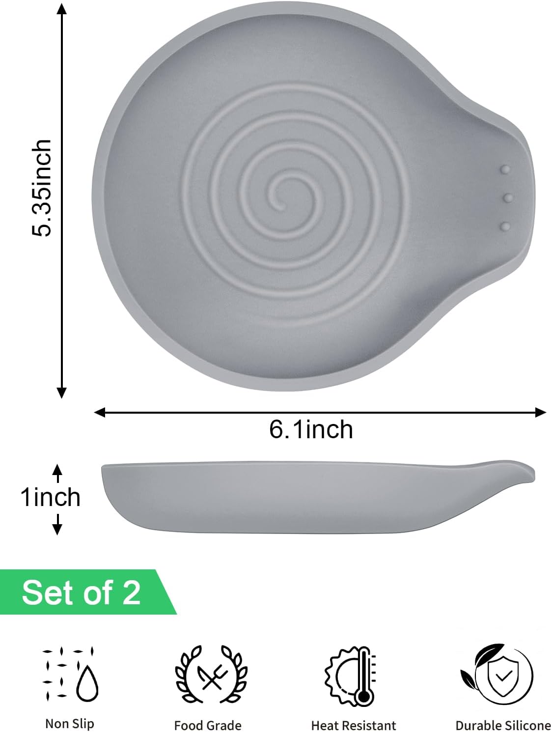 6.1" Large Spoon Rest for Stove Top, Silicone Spoon Rest for Kitchen Countertop Set of 2 Gray, Heat-Resistant Utensil Rest for Spatula, Tongs or Spoon