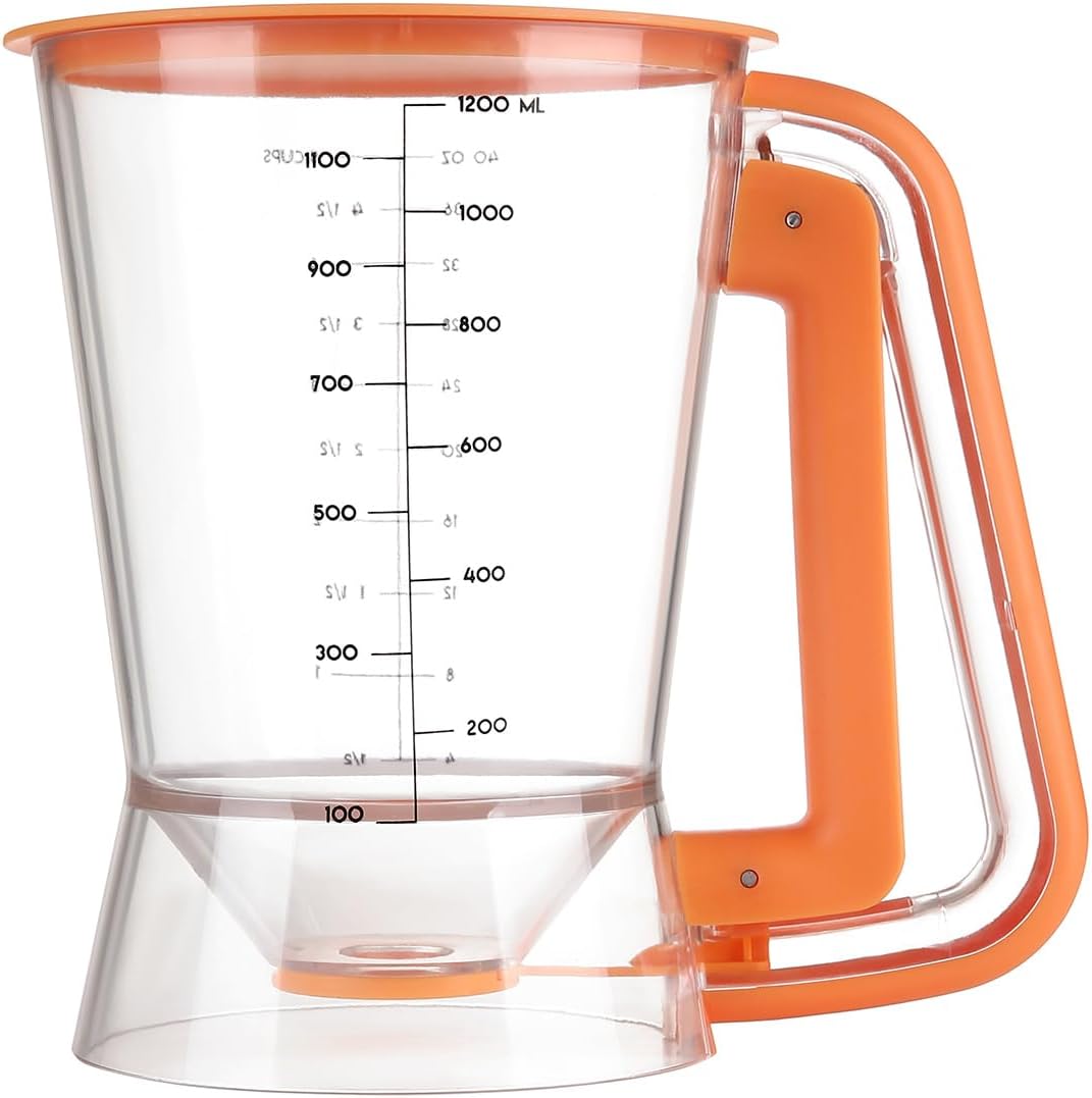 Pancake Batter Dispenser 5 Cup with Sturdy Handle,Batter Separator for Pancakes, Cupcake, Waffle, Muffin Mix, Cake & Crepe Batter pitcher with Squeeze Handle Baking Tools-Orange