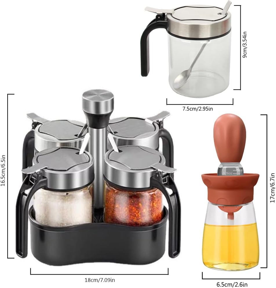 TINMIX Revolving Condiment Pots Sugar Bowl Salt & Pepper Cellar with Lid and Spoon, Set of 4 Seasoning Box Spice Jar with 360 Rotating Tray for Kitchen, 3 Pots+1 Oil Dispenser
