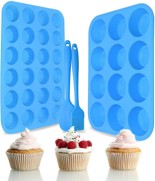 Silicone Muffin Pan Cupcake Set – Non-Stick 12 Cups and Mini 24 Cups,Silicone Baking Molds,BPA Free Muffin Tin with 1 Silicone Spatula & 1 Oil Brush (blue)