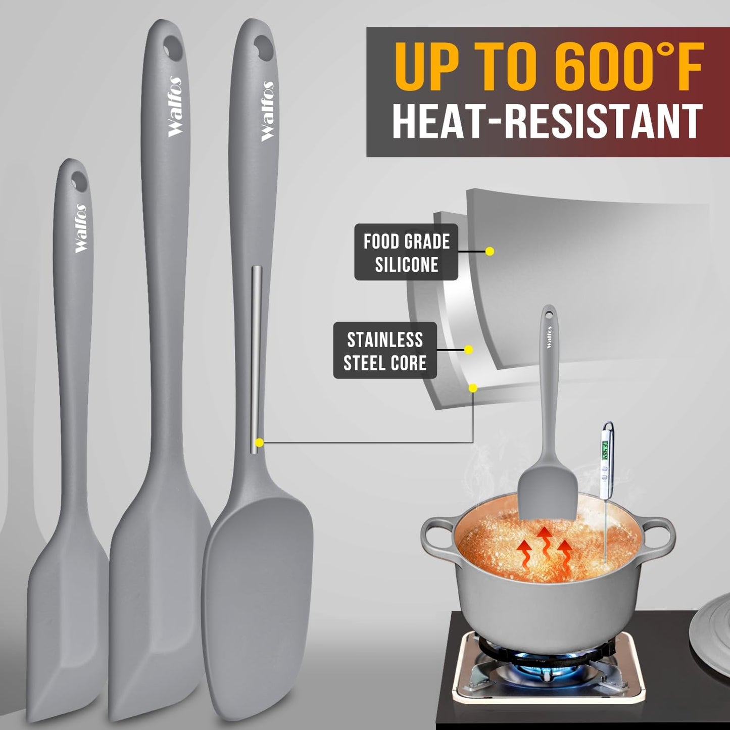 Walfos Silicone Spatula -5 Pieces Heat Resistant Kitchen Spoon Spatulas（600°F), Strong Steel Core and One-Pieces Seamless Design, Prefect for Cooking Mixing Baking - BPA Free and Dishwasher Safe,Gray