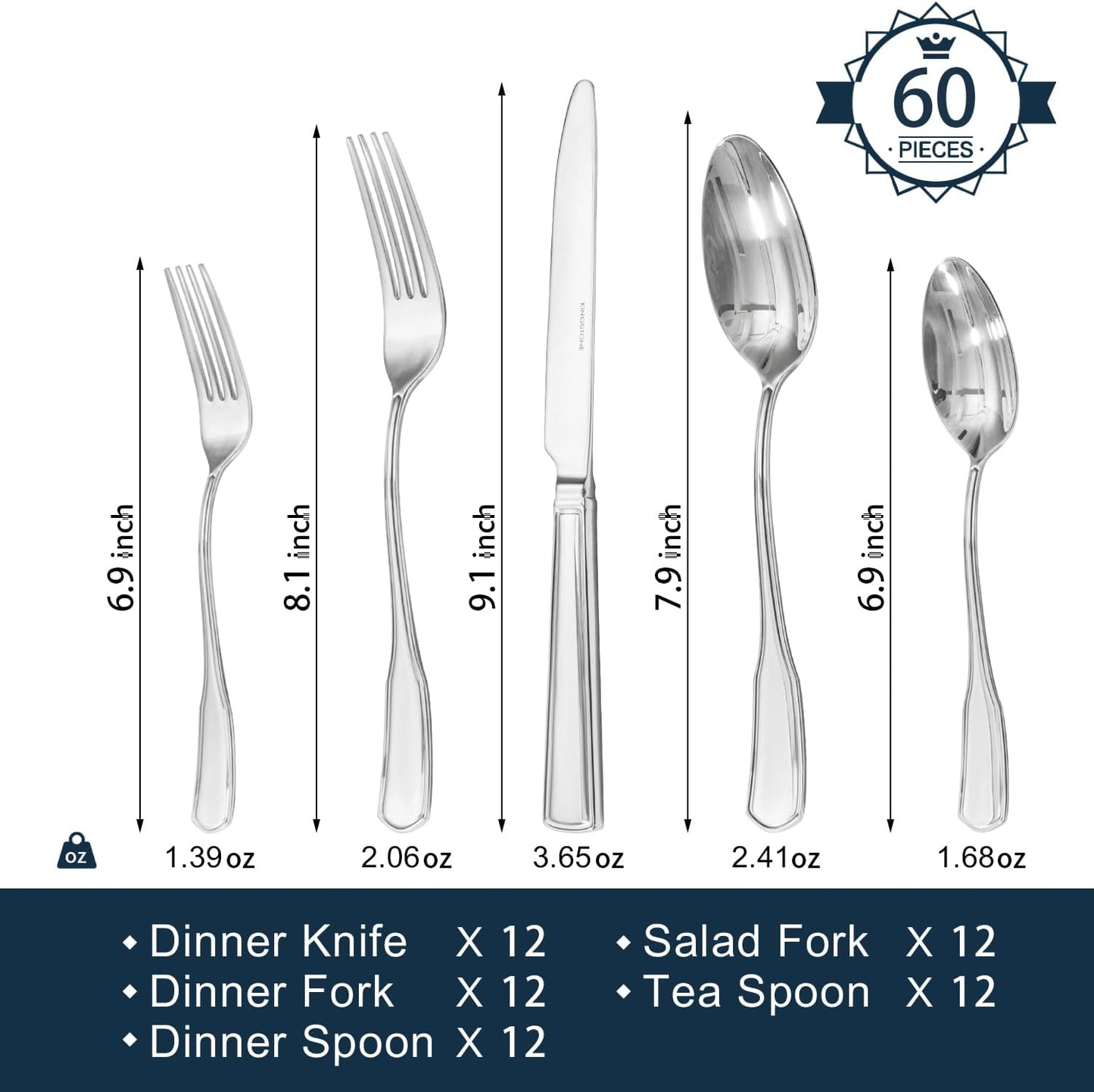 KINGSTONE 60-Piece Silverware Set, 18/10 Stainless Steel Flatware Set for 12, Tableware Cutlery Set, Utensil Sets for Home Restaurant, Mirror Finish, Dishwasher Safe