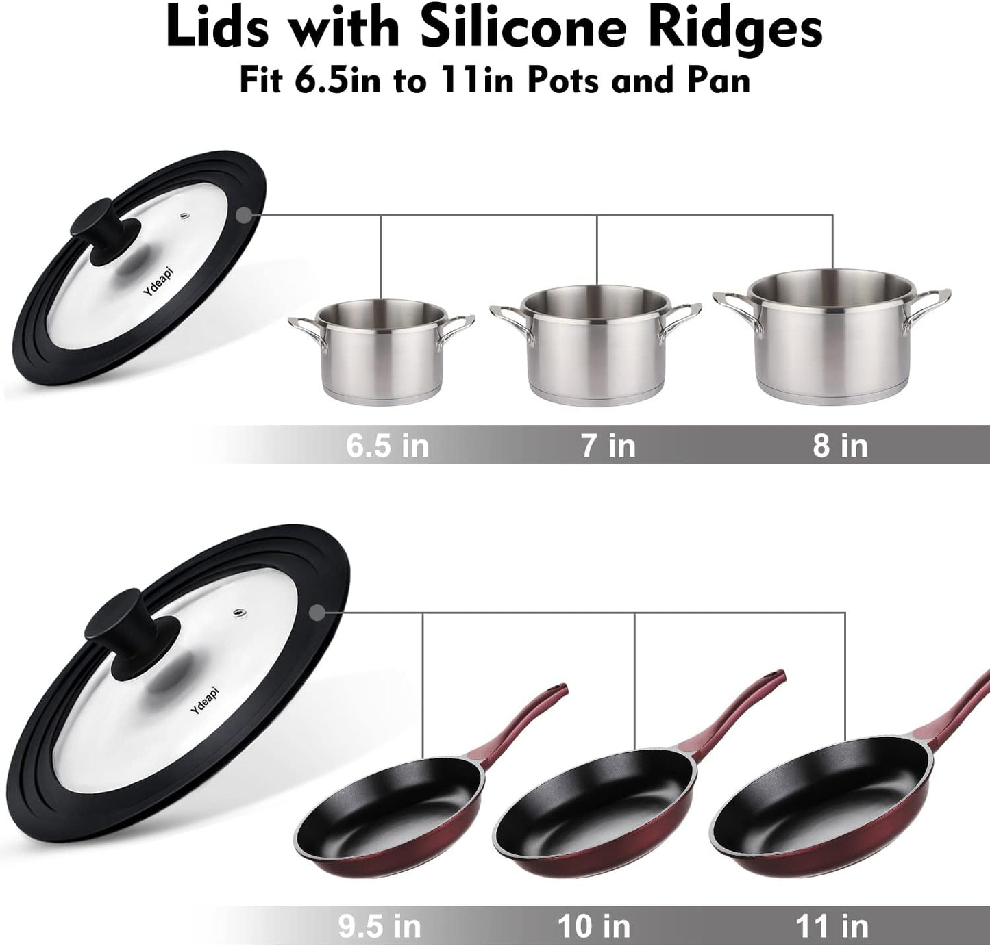 Universal Lids for Pots, Pans & Skillets - Fits 6.5", 7" & 8" Diameter, 9.5", 10" & 11" Diameter Cookware，Tempered Glass with High Heat Resistant Silicone Rim-2PK Cookware（2PK）