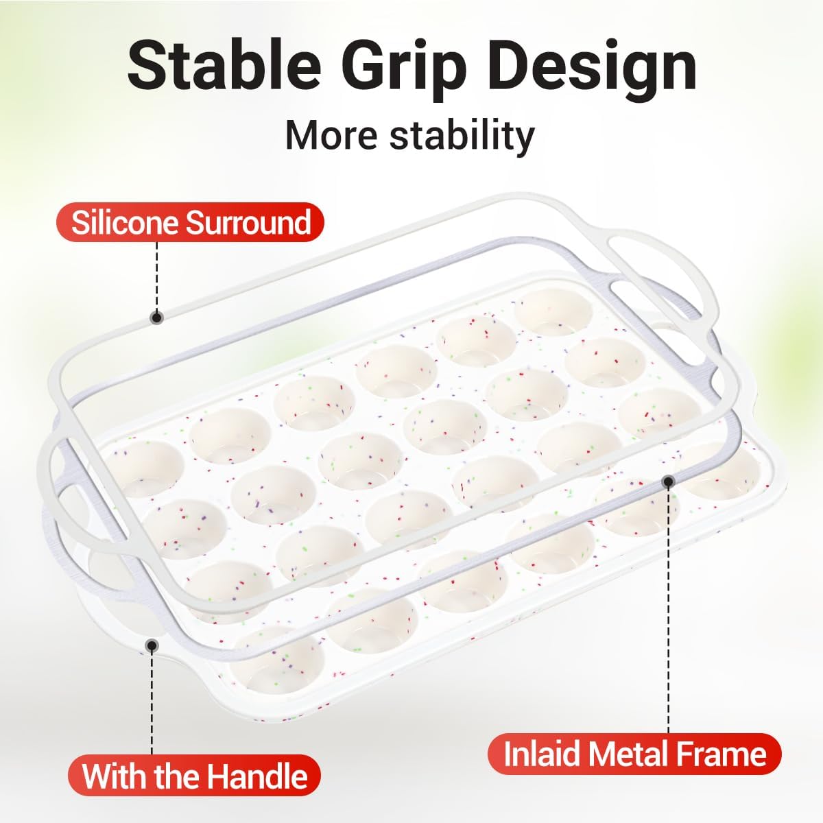 Silicone Mini Muffin Pan, Metal Reinforced Frame 24 Cups Nonstick Mini Cupcake Pans with Handles Easy to Move for Baking Muffin, Cupcake, Egg Bites Oven Safe, 2 Pack Confetti
