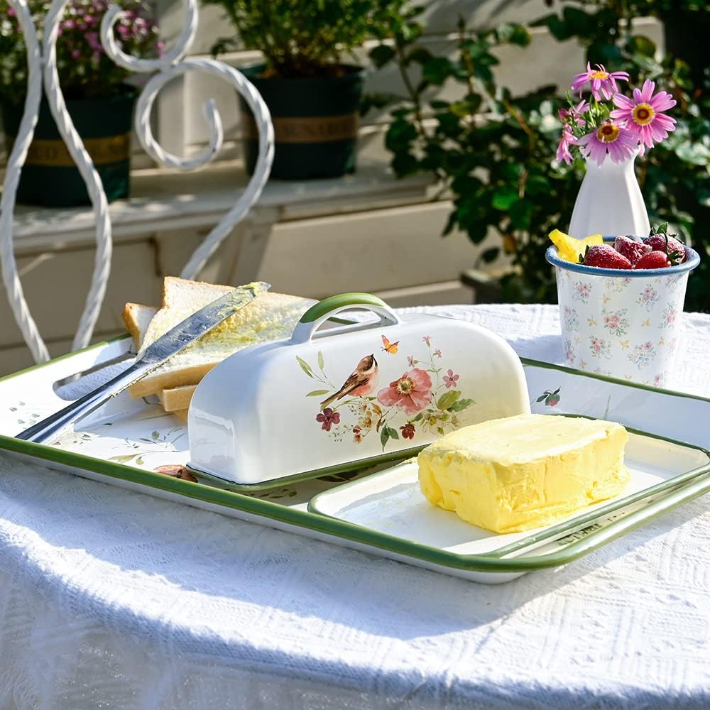 Enamel Butter Dish with Lid Vintage Enamelware Butter Keeper with Flower and Bird Patterns Farmhouse Butter Container Butter holder for Countertop Kitchen Decor
