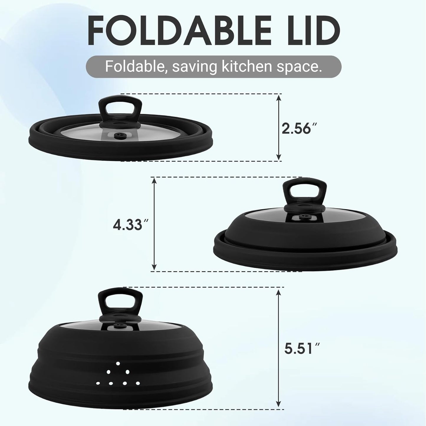 Microwave Splatter Cover Glass 10.5 Inch Microwave Cover for Food with Handle Collapsible Silicone Microwave Cover with Steam Vent for Pot Plate Bowl (Black)