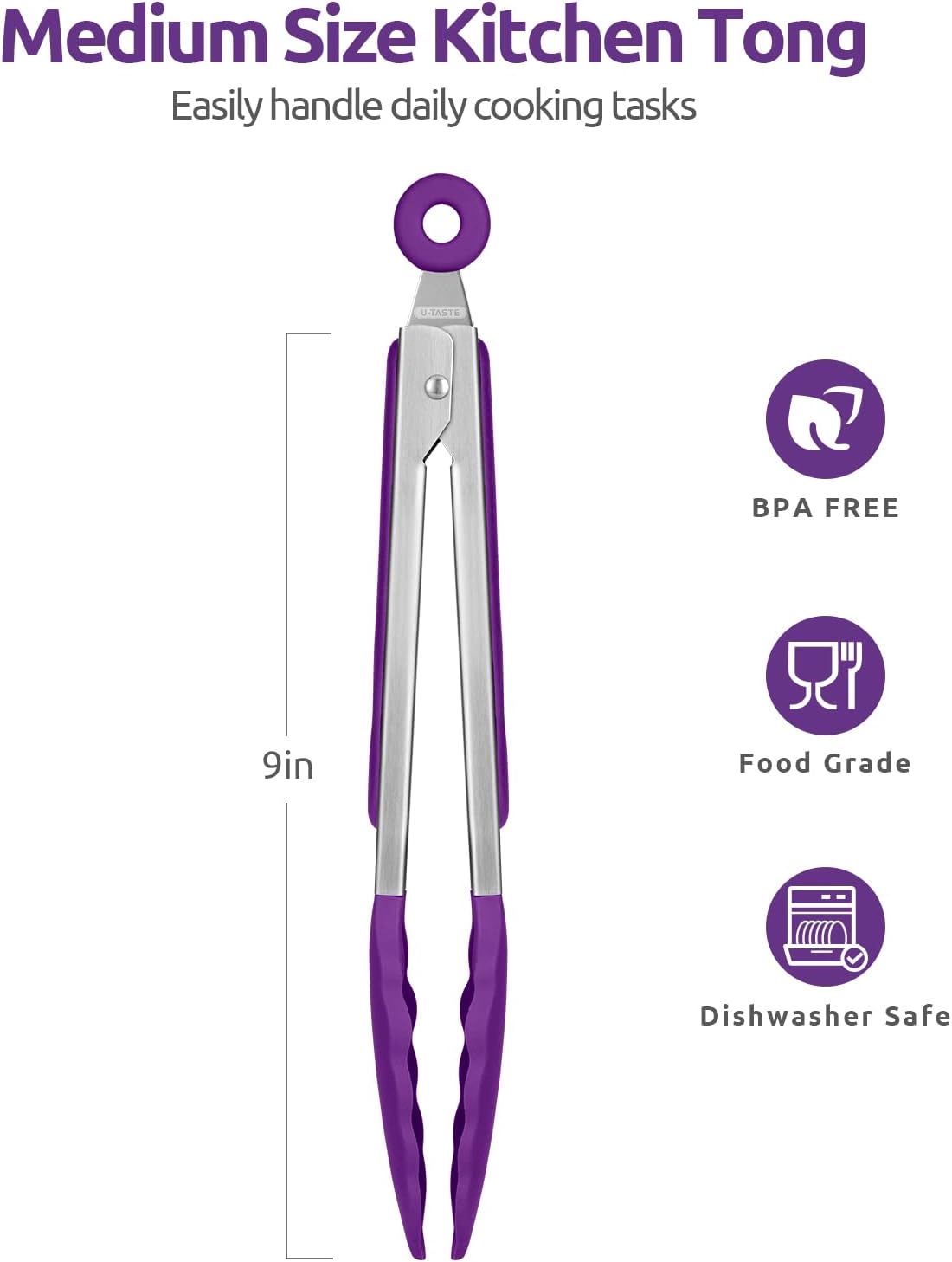 Heat Resistant Silicone Kitchen Tong: U-Taste 9 inch 480ºF Hot Proof Cooking Tong with Firm Sealed Non Stick Rubber Tips & Silicon Coated Steel Handle & Smooth Locking for Serving Grill Salad (Purple)